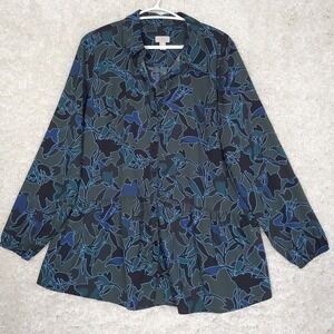 LOGO by Lori Goldstein Womens Stretch Floral Button Up Shirt Size Medium Artsy